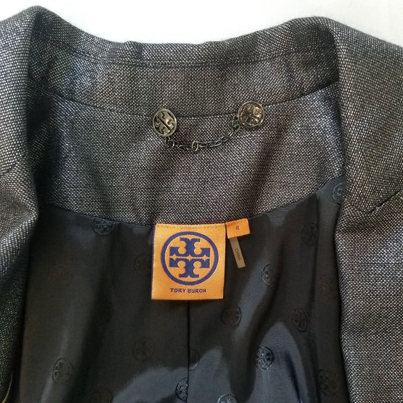 Tory Burch Metallic Black & Silver Shimmer Button Front Blazer Suit Jacket NWOT - Picture 9 of 10